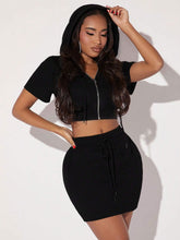 Zip Up Drawstring Hooded Crop Jacket & Bodycon Skirt